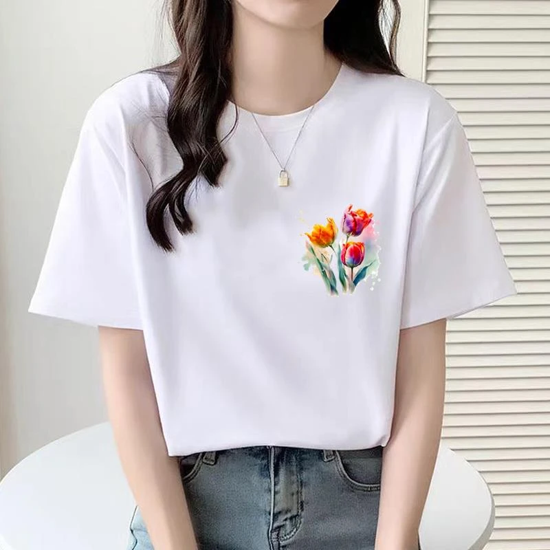 时尚ins个性花卉气质休闲印花女夏季上衣韩版通勤短袖圆领T恤