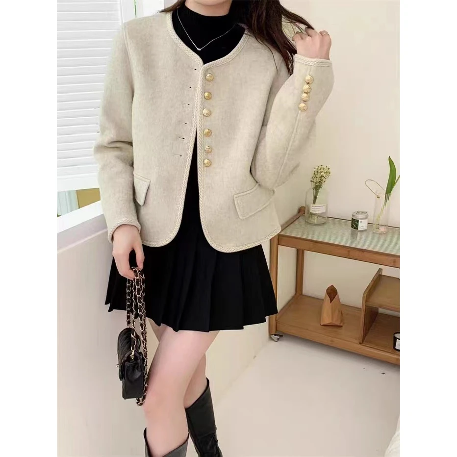小香风毛呢外套女2025秋冬新款韩版时尚小个子单排扣短款上衣女