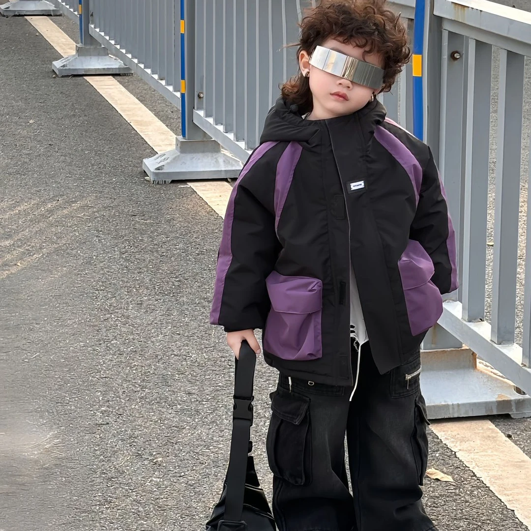 儿童冲锋衣男童夹棉外套秋冬季2025新款男孩加绒牛仔裤两件套装FY