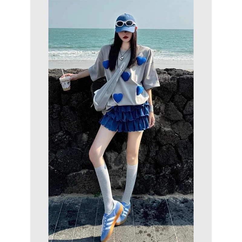 2025年夏日撞色立体爱心短袖t恤半身裙两件套女韩系气质时尚套装