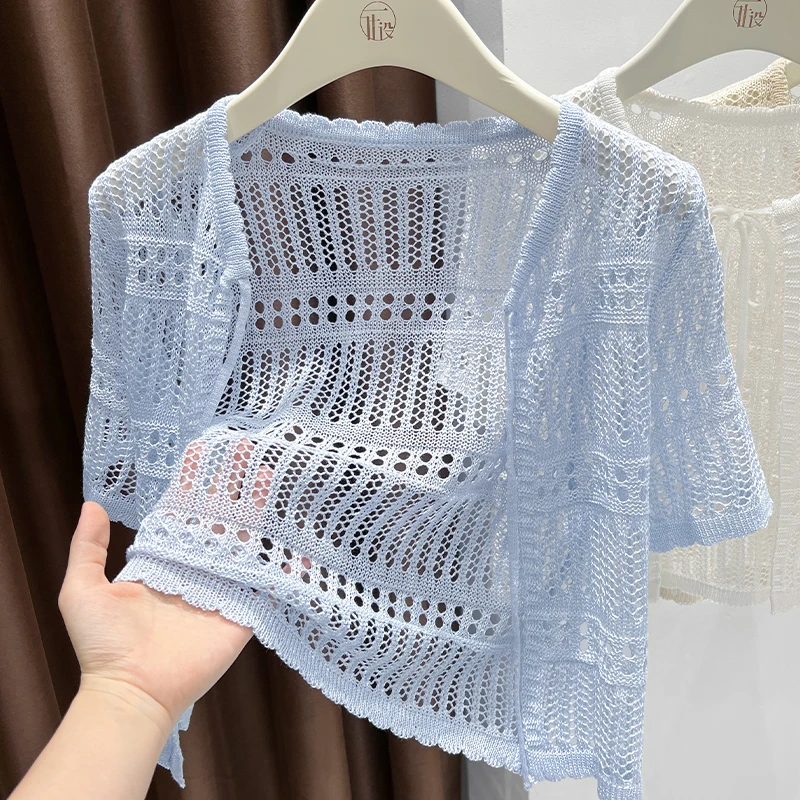 蓝色花边圆领针织开衫外套2025爆款夏季配吊带裙镂空防晒小披肩女