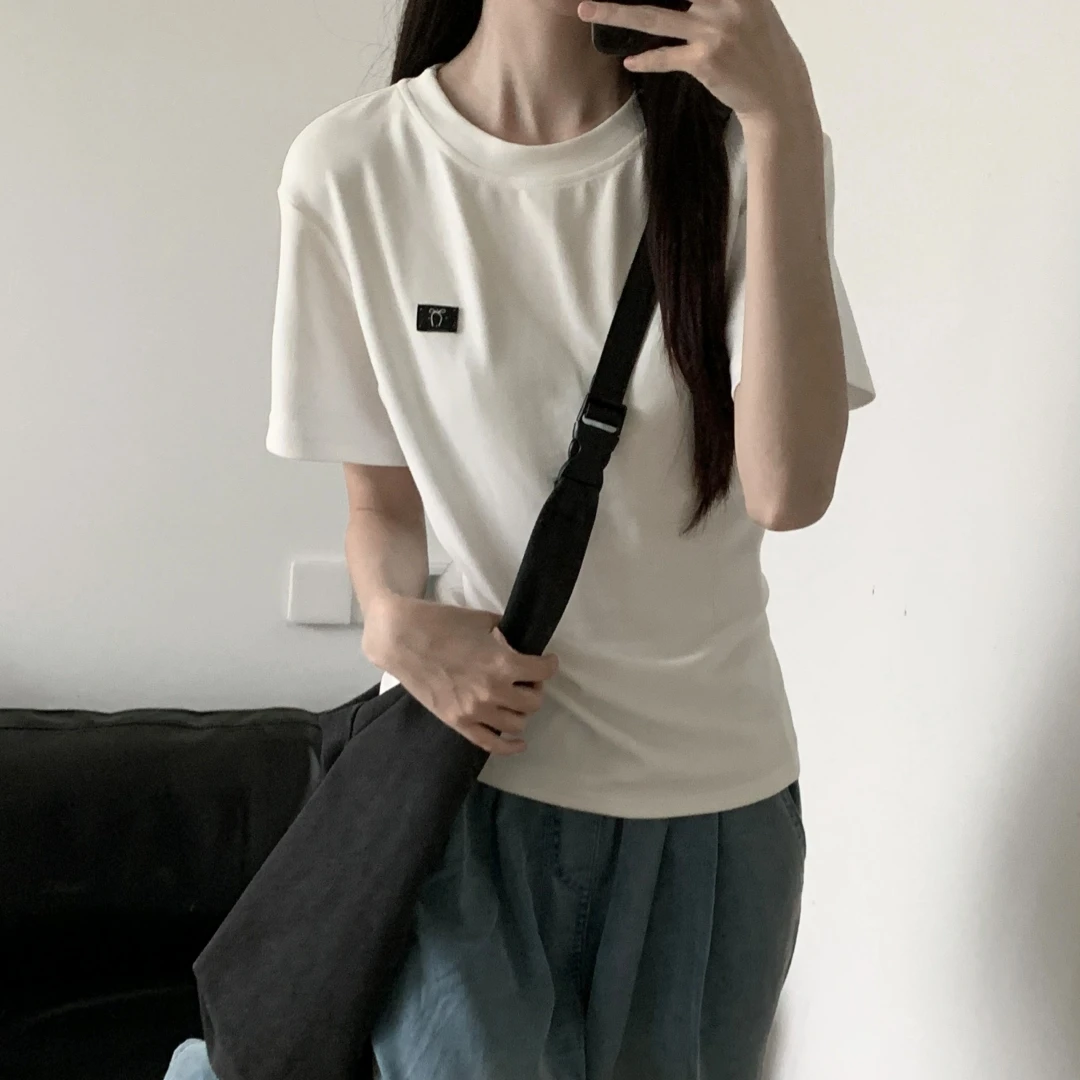 PINKSAVIOR掐腰夏日棉质显瘦遮肉灰白织标短袖