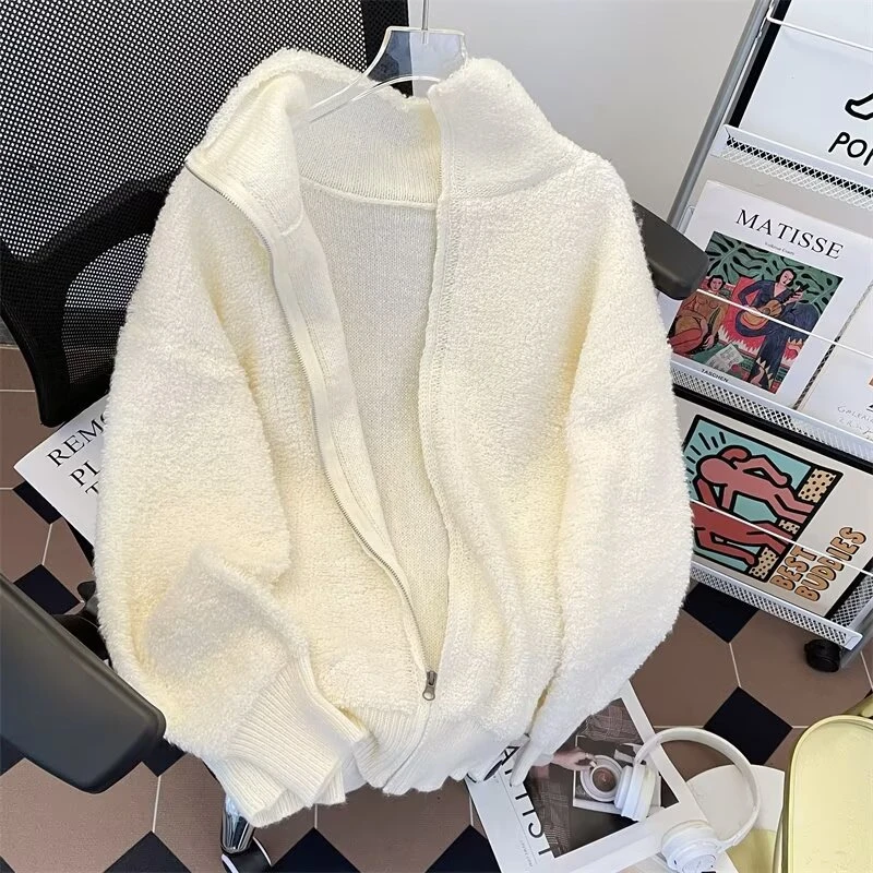 秋冬新款日系复古针织开衫男女纯色宽松休闲百搭慵懒立领毛衣外套