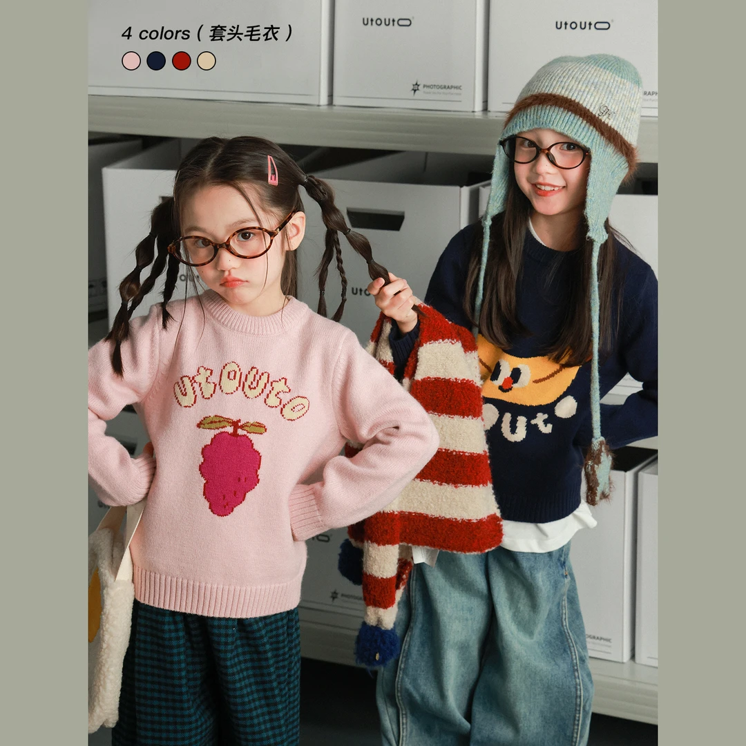 utouto大耳象女童卡通提花套头毛衣2025冬季新款针织上衣2410386