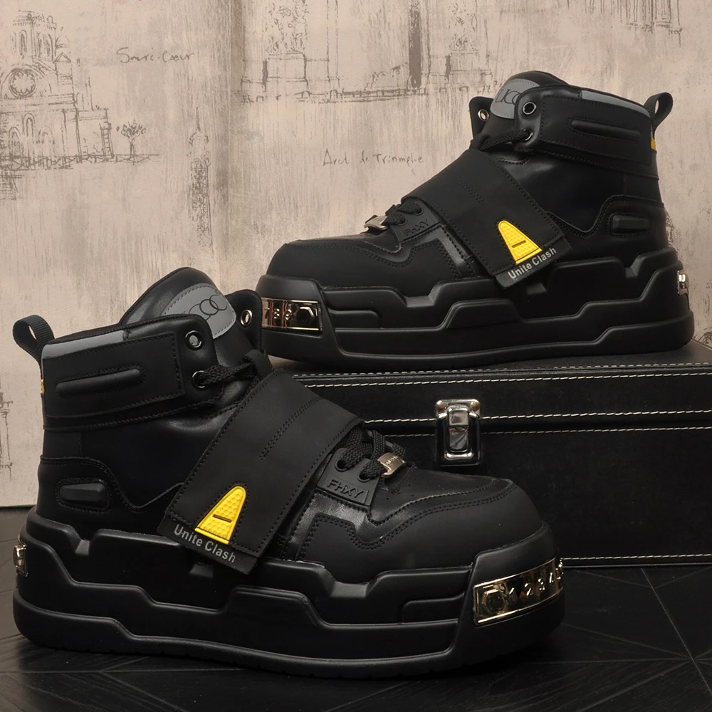 男士青春潮流休闲高帮潮流鞋厚底运动板鞋厚底时尚百搭皮靴子真皮