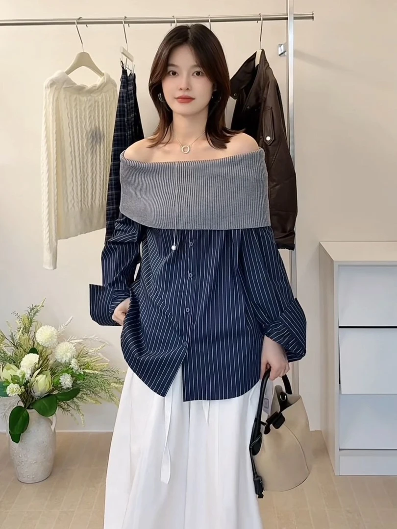 2025韩版通勤气质一字肩收腰透气显瘦露肩衬衫女拼接条纹上衣