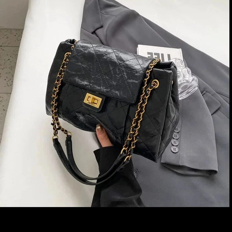 CLEAR 红色单肩包包女2025新款潮小众大容量菱格链条斜挎包