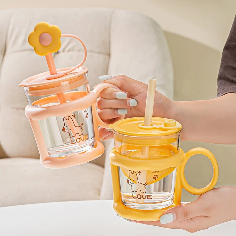 【送吸管帽】玻璃杯家用马克杯可爱耐热水杯女生吸管杯早餐咖啡杯子