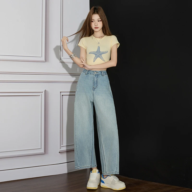 浅蓝阔腿牛仔裤女2025夏季新款宽松显瘦时尚百搭小个子直筒奶奶裤