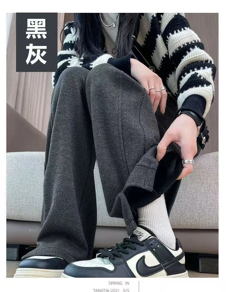 2025新款人字纹裤子秋冬高腰加绒女裤时尚外穿裤高级垂感阔腿裤