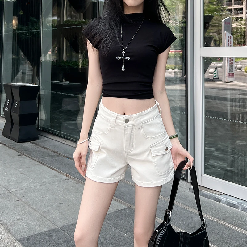 美式米白色工装牛仔短裤女2025秋季新款宽松直筒显高弹力a字热裤