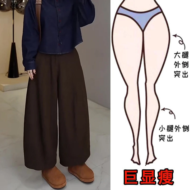 冬季新款加绒简约风高腰毛呢直筒休闲裤女梨形身材显瘦阔腿九分裤