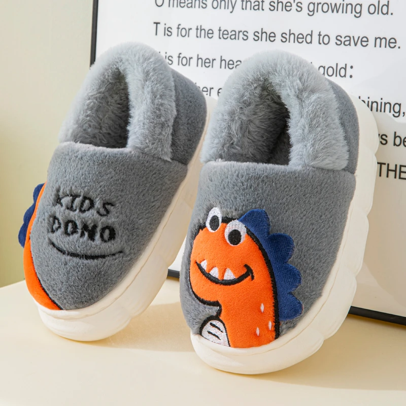冬季儿童棉拖鞋包跟男童宝宝卡通恐龙居家小男孩室内保暖毛毛棉鞋