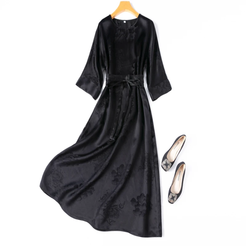 加长款珍品！45姆米重缎提花香云纱！八分连袖腰封袍子连衣裙真丝