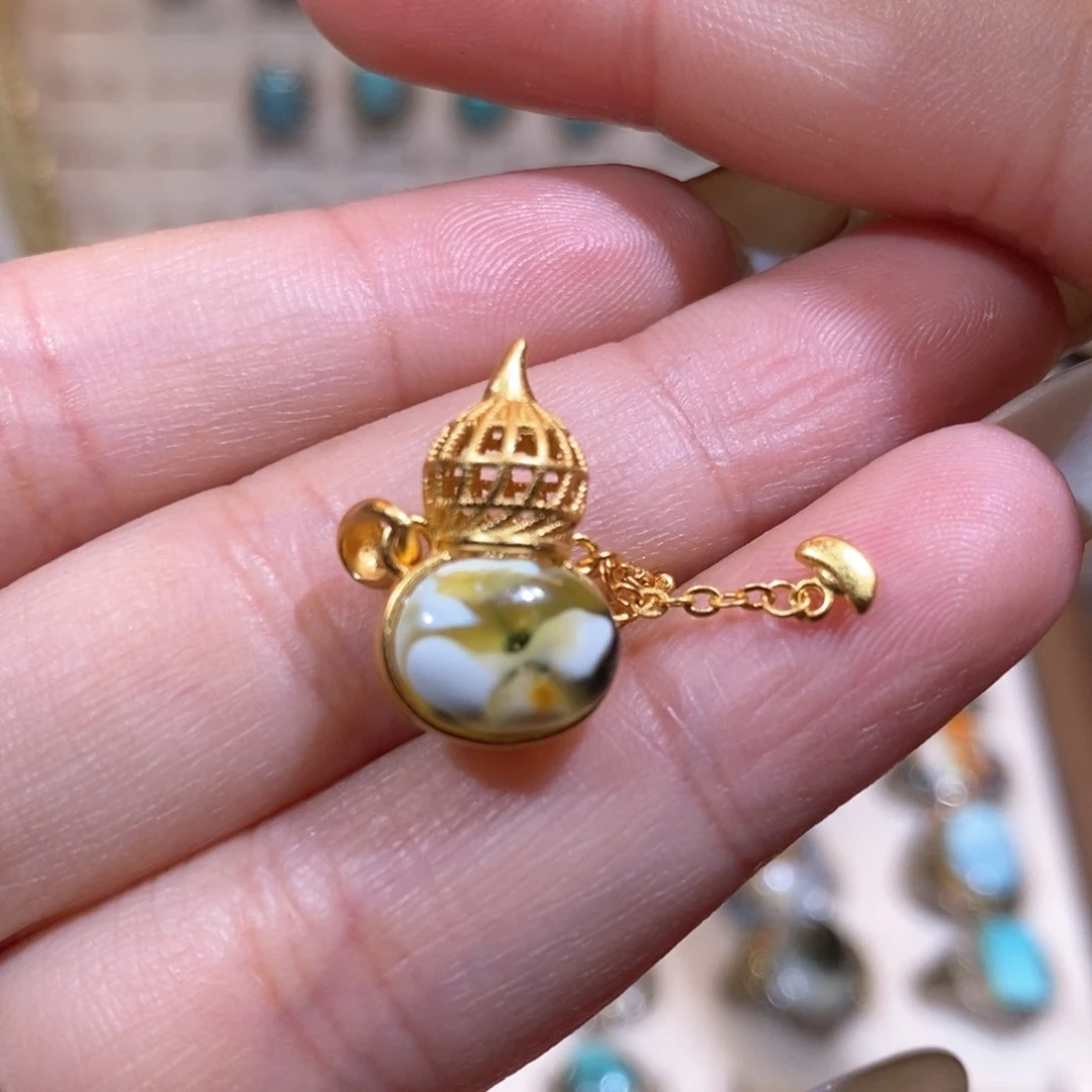 琥珀颈饰银S925镀金镶嵌吊坠