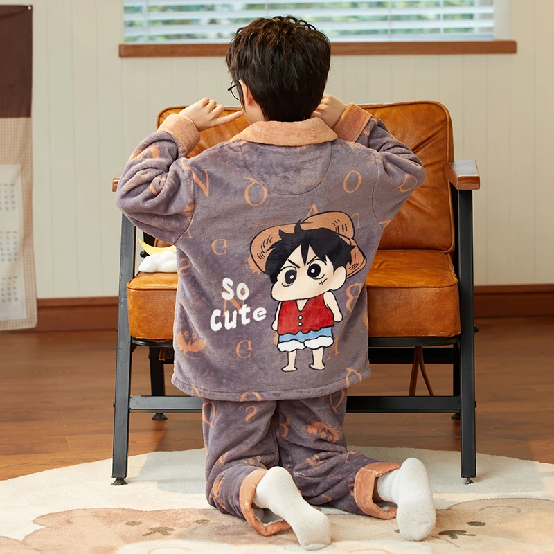 冬季加厚儿童睡衣男童法兰绒长袖卡通套装男孩中大童初中生家居服