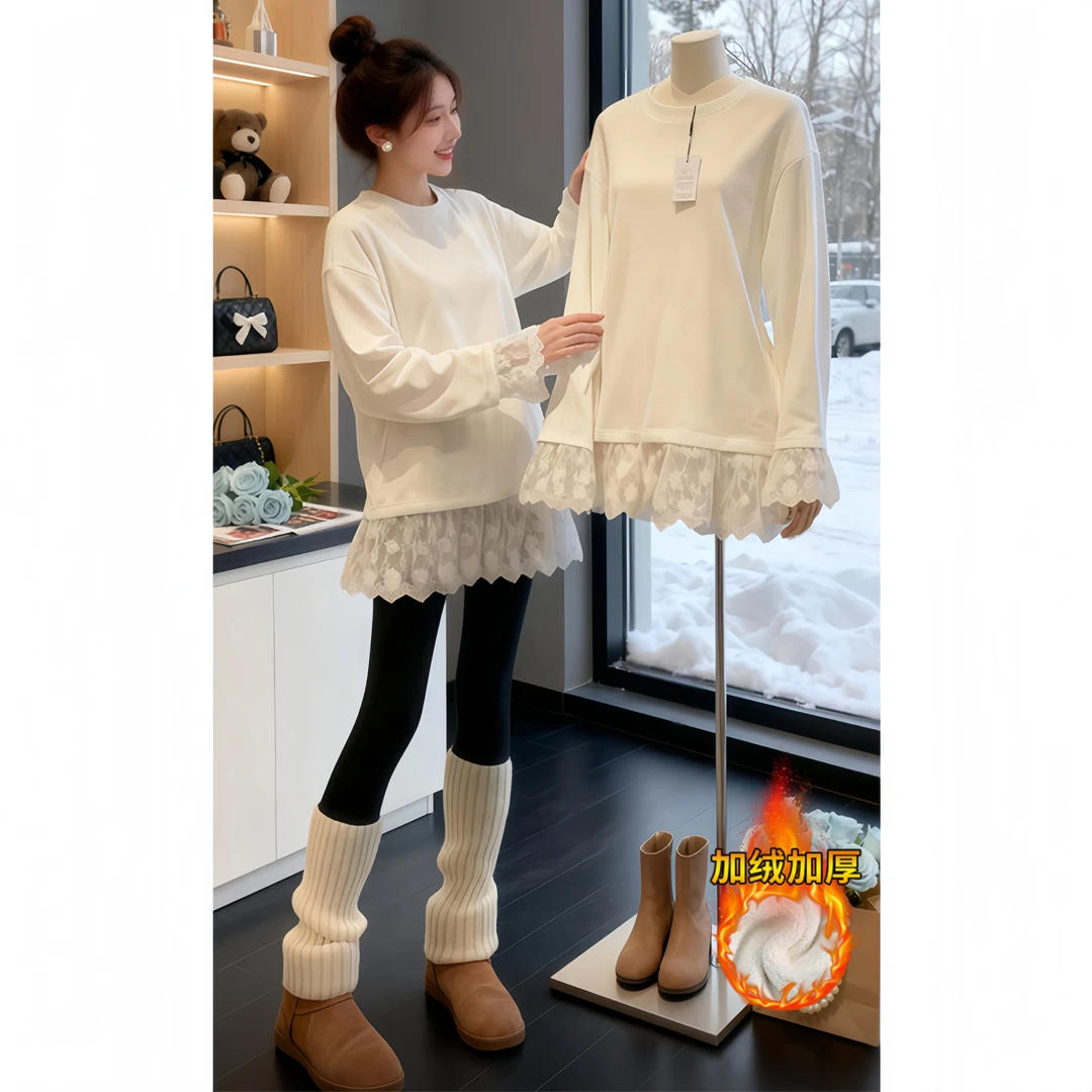 2025秋冬季新款大码胖MM加绒加厚设计感蕾丝拼接长袖T恤女