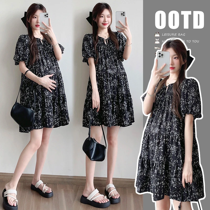 孕妇装夏季新款碎花短袖宽松显瘦连衣裙茶歇法式裙子大码胖mm女裙