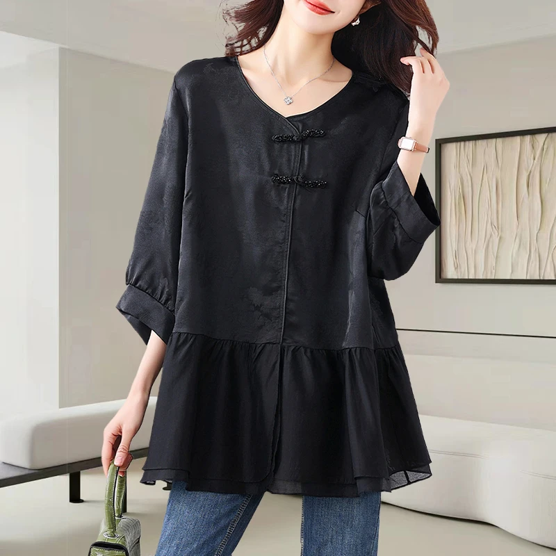 v领提花拼接雪纺衬衫女士2025新款气质显瘦休闲洋气复古盘扣小衫
