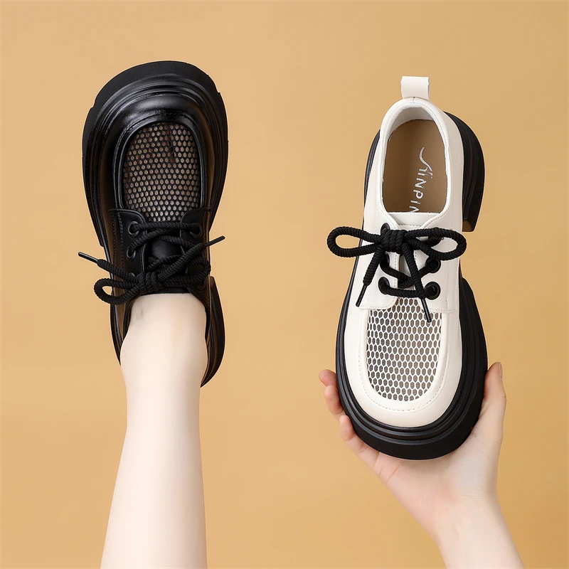 时尚网面透气2025乐福鞋夏季新款厚底镂空小皮鞋英伦风女士网纱鞋