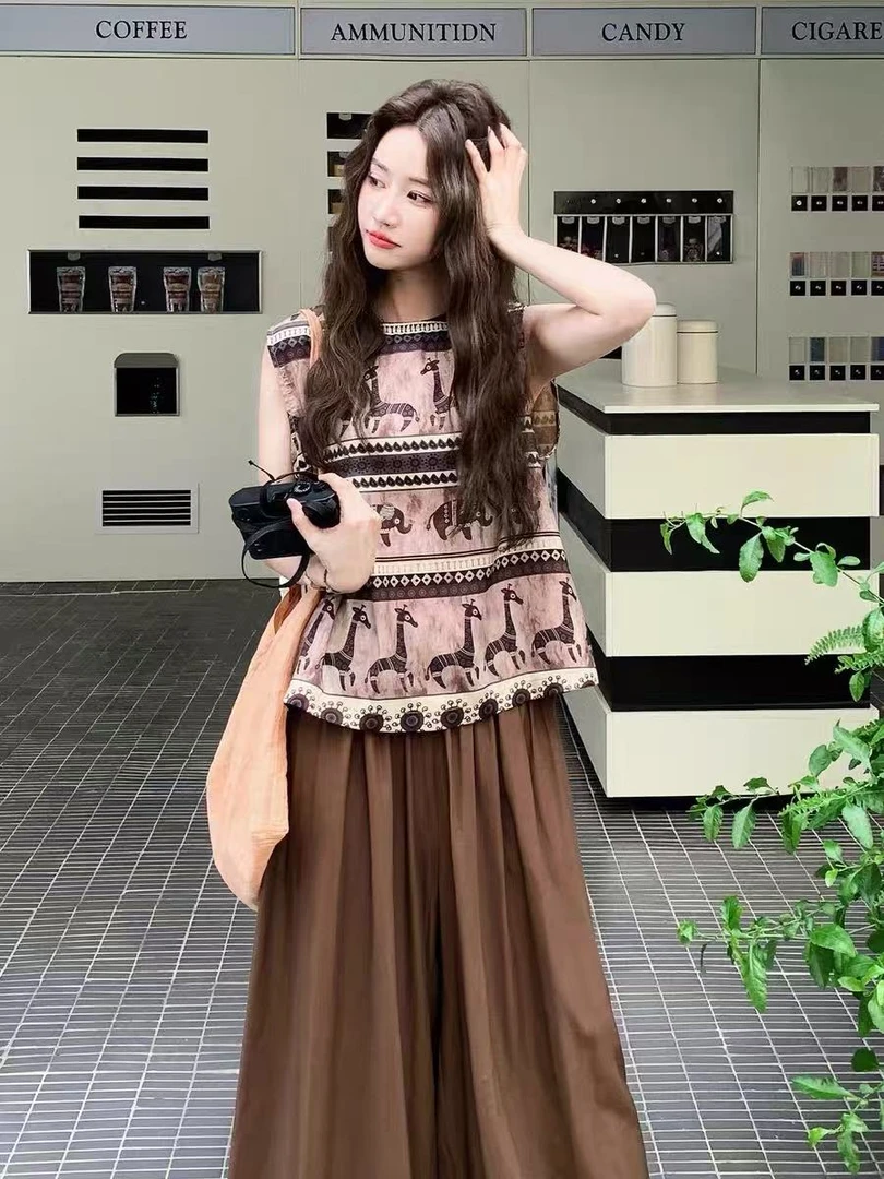 大象小鹿套头无袖圆领提花动物女夏季衬衫韩版印花