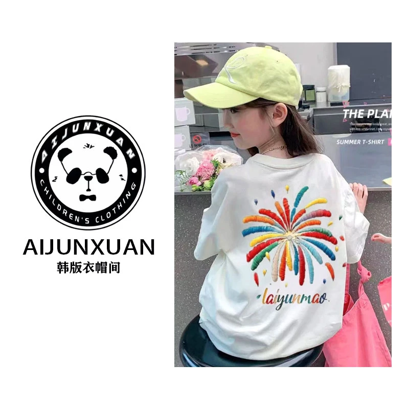 【现货】2025韩版甜美夏日女孩~ins设计感烟花个性印花短袖T恤6829