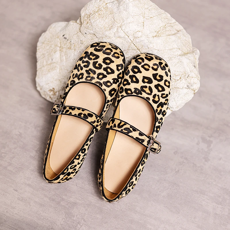 欧美舒适时尚原创平底马毛豹纹玛丽珍女单鞋真皮圆头芭蕾舞小皮鞋