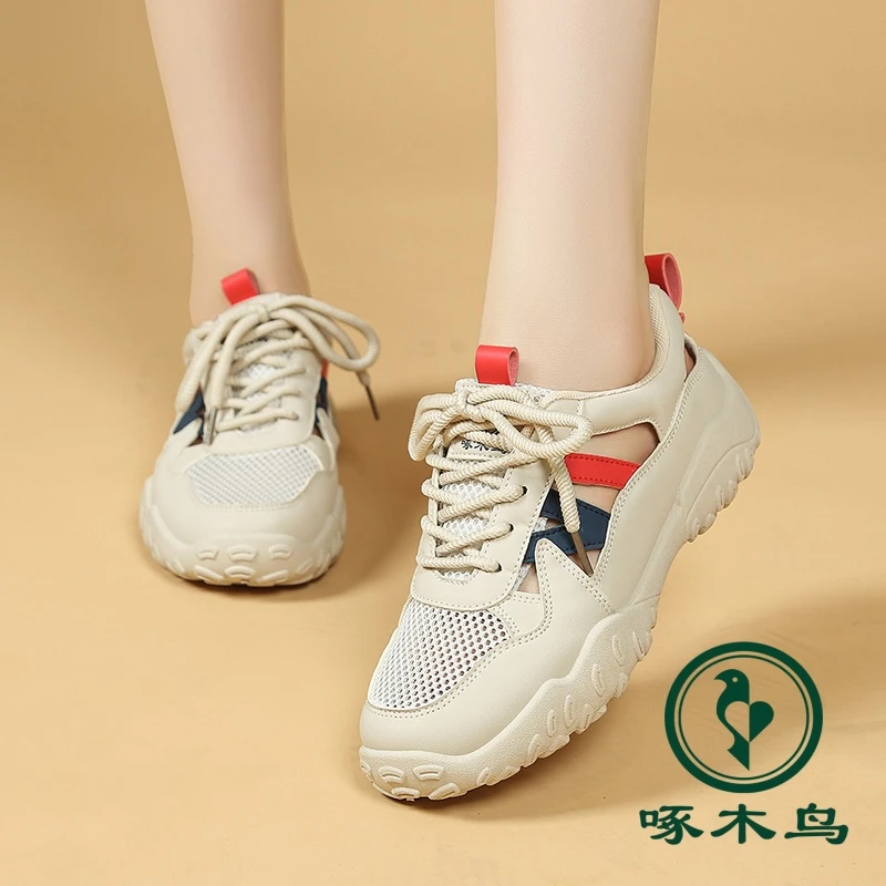 啄木鸟女鞋夏季新款2025爆款透气网面镂空洞洞鞋休闲运动鞋