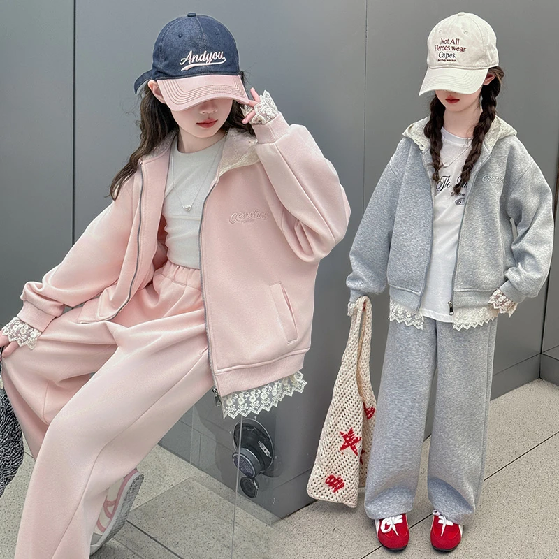 女童套装2025春秋新款中大童网红运动蕾丝外套女孩韩版时尚两件套