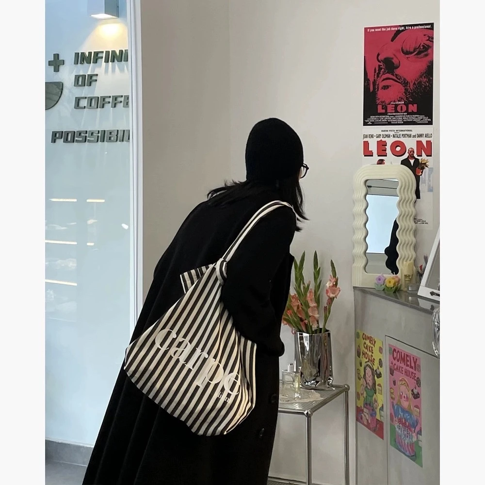 大容量条纹托特包包女2025新款潮时尚文艺单肩帆布包手提环保布袋