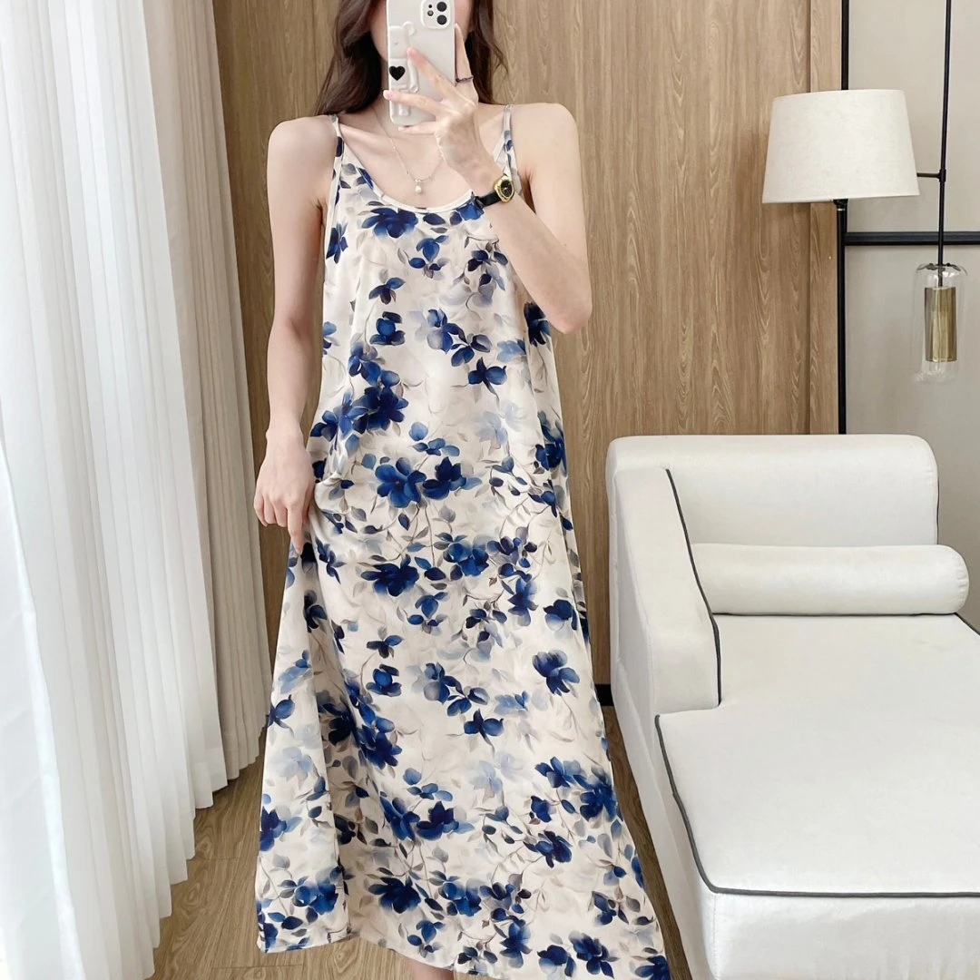 2025新款吊带裙韩版宽松连衣裙大码夏天外穿海棠花印花薄款