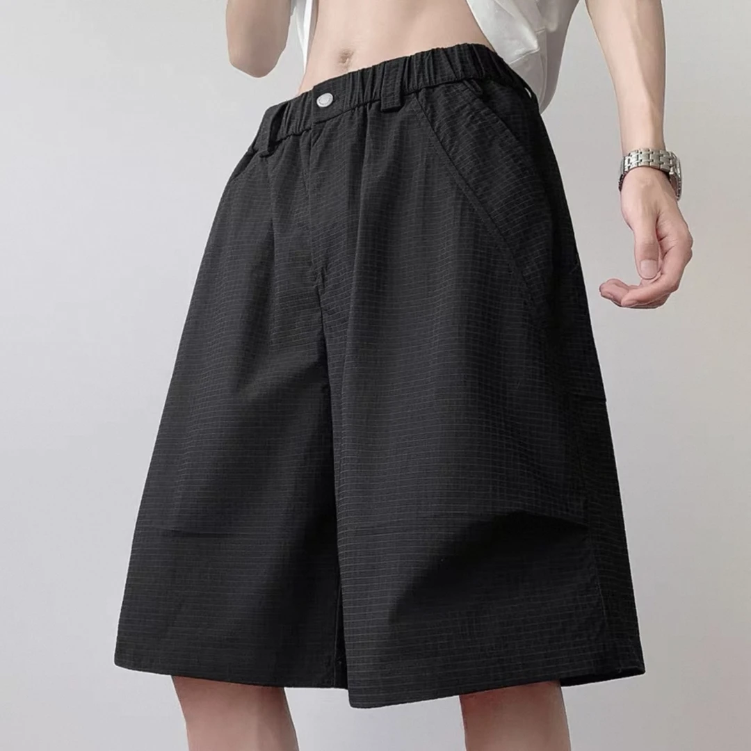 夏季透气纯色阔腿工装短裤男女复古宽松直筒百搭休闲五分裤-572