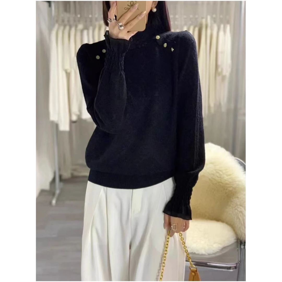 桑蚕丝羊毛~胸102-150长59钉扣设计感显瘦长袖针织上衣 3999