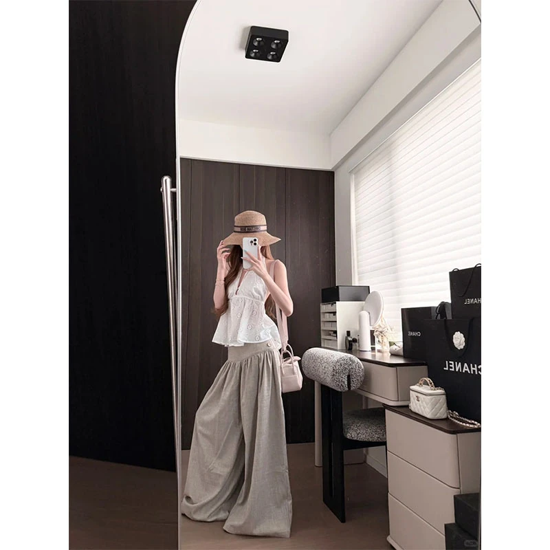 韩系设计感镂空小众休闲百搭深V吊带背心上衣高腰宽松阔腿裤套装