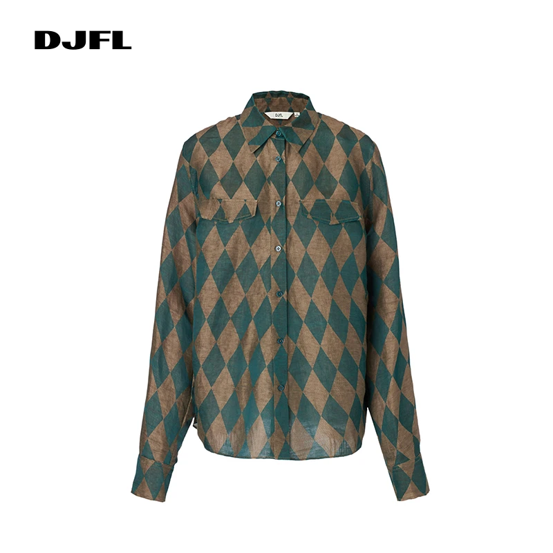 DJFL仿真色织菱形格纹印花复古Vintage风气质时尚衬衫女DWWS2C009