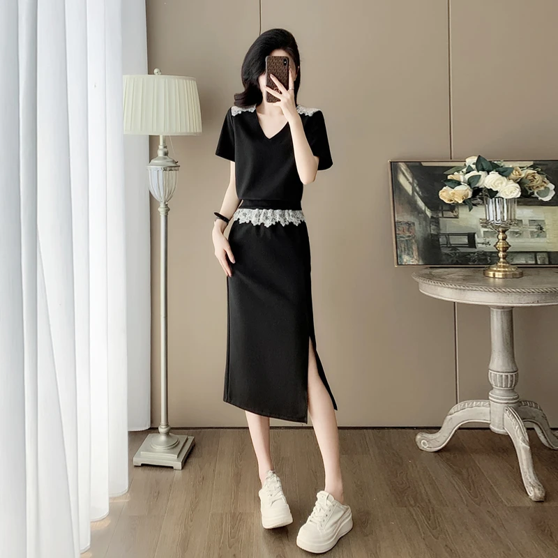 黑色女士休闲时尚套装裙夏显瘦气质减龄洋气运动风半身裙子两件套