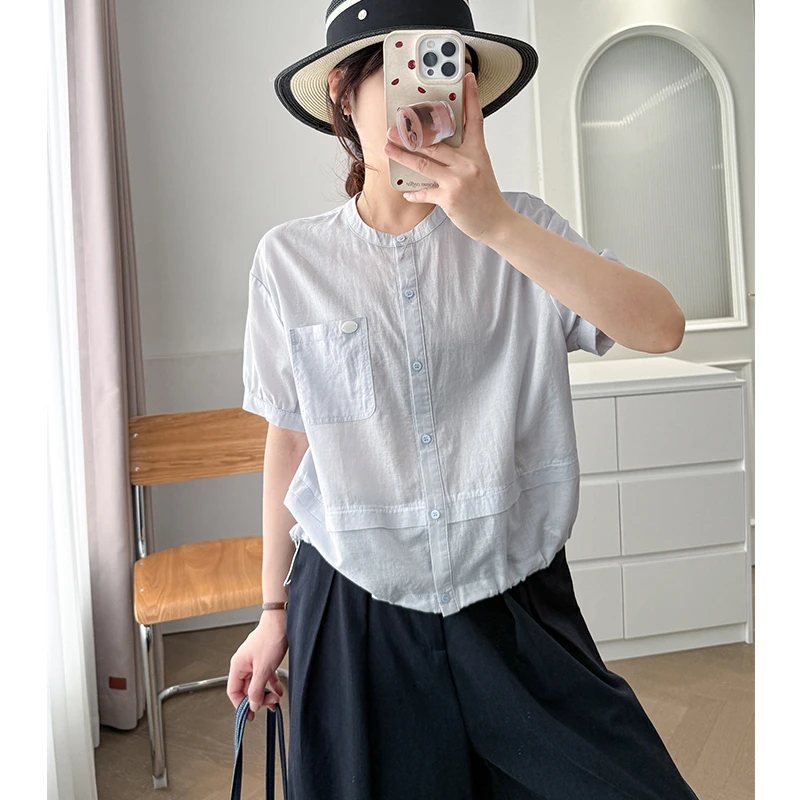 （简约单口袋文艺小衫）85092夏季新款下摆抽绳设计感气质小衫H