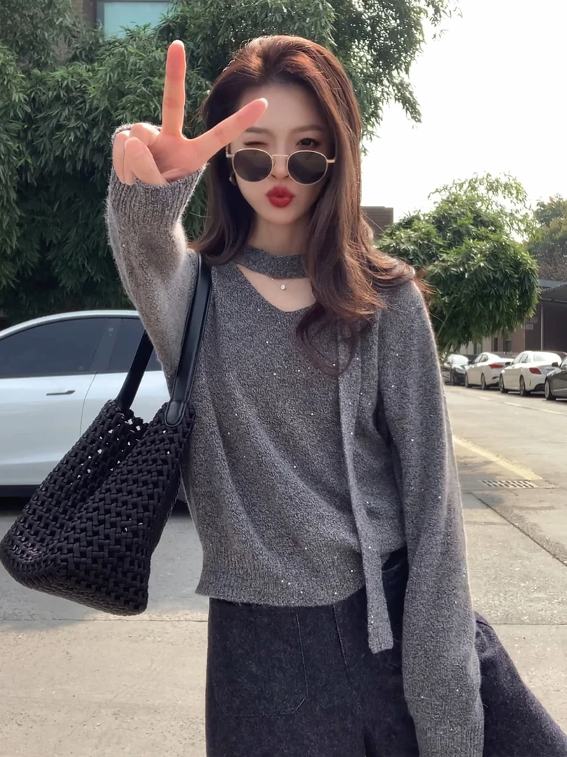 韩系气质松弛感V领长袖针织毛衣秋冬季新款慵懒宽松百搭显瘦上衣