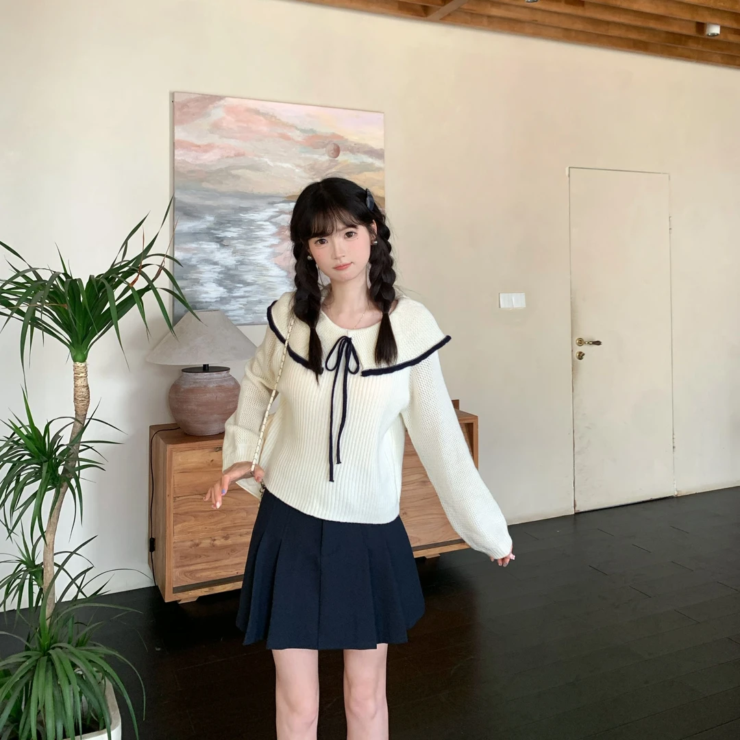 【粉丝专属】TU29821法式温柔风娃娃领细带毛针织上衣百搭显瘦长袖