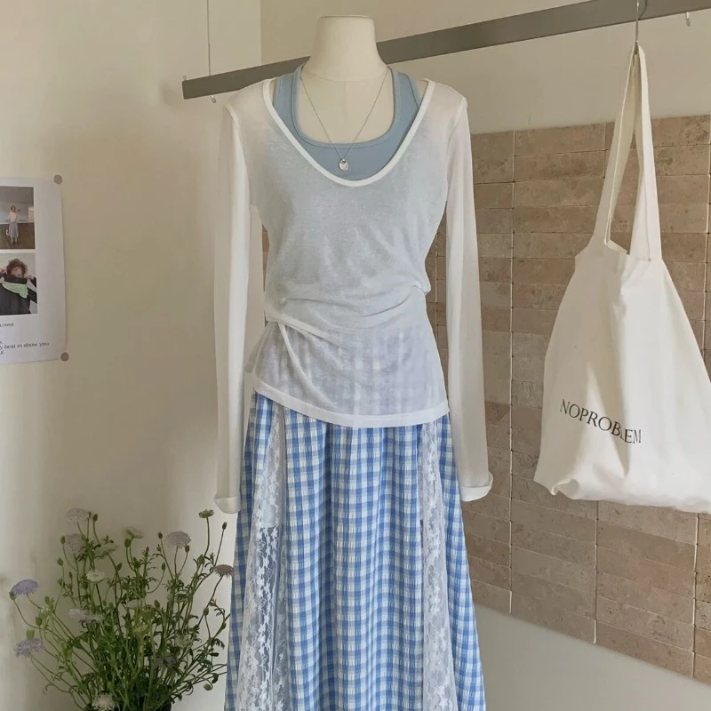 春夏盐系ootd穿搭蕾丝拼接半身裙+挂脖背心+圆领修身防晒衫三件套