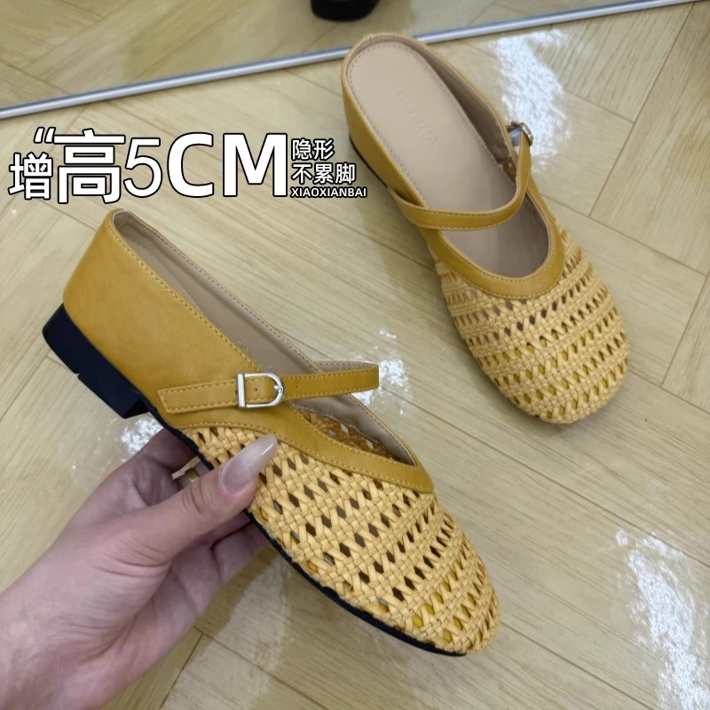 2025夏季新款内增高法式休闲小个子包头半拖鞋女一脚蹬单鞋凉鞋女