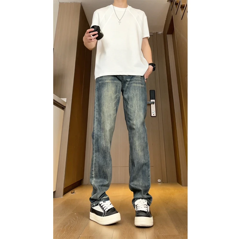 秋冬新款蓝水洗弹力牛仔裤男士宽松直筒简约百搭潮流长裤裤子
