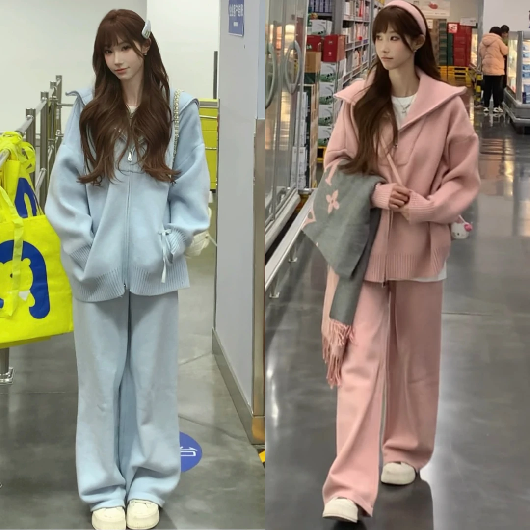 【升级版】慵懒风针织阔腿裤套装两件套双向拉链气质时尚减龄天蓝色