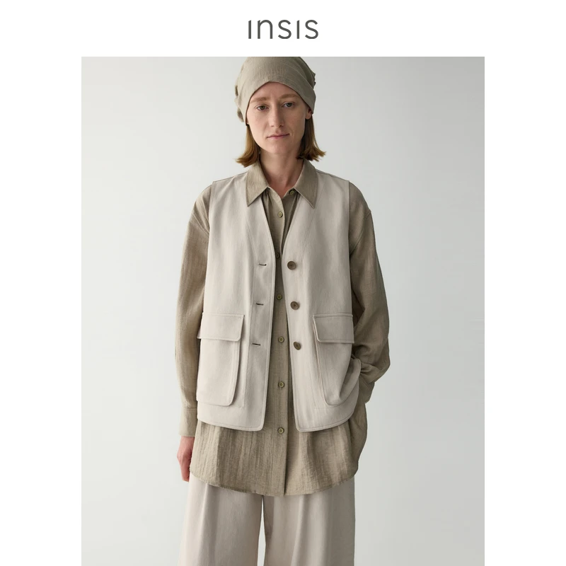 INSISFEMME斜纹砂洗亚麻棉2025春季新款V领立体袋工装马甲上衣女