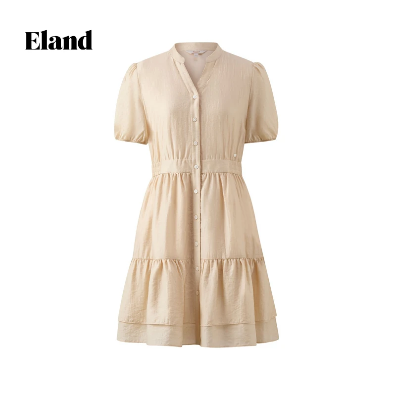 【一秒入夏】Eland衣恋v领含莱赛尔浪漫度假感连衣裙女EEOWF25N51