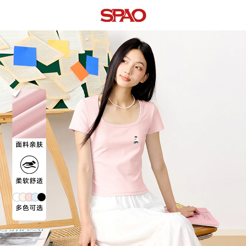 SPAO韩国同款方领修身t恤2025新款夏季小熊印花慵懒纯欲风女装YC
