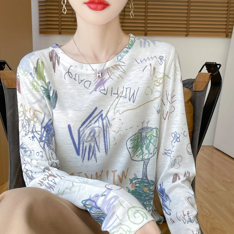 【涂鸦印花】渲染水溶印花长袖女薄款圆领内搭皮肤衣Y9305