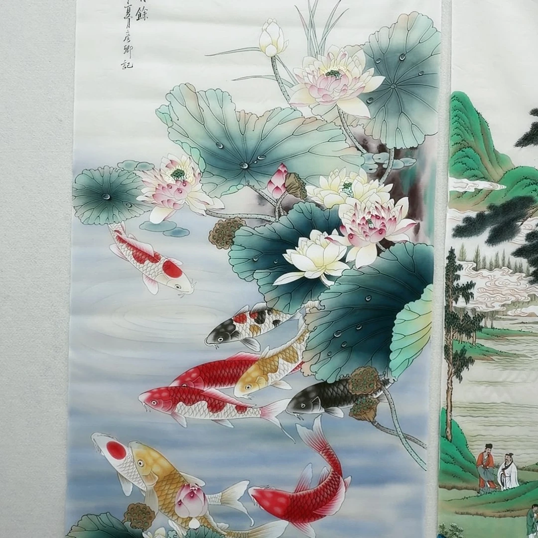 背***影国画丝绢作品工笔鱼