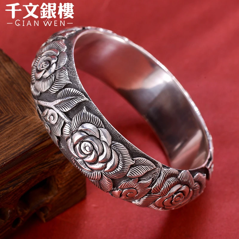 足银手镯 凝香 纯手工玫瑰手镯复古民族风精美雕刻实心开口银镯子