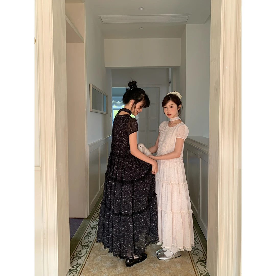 霍里德地图 “星星的梦”飘带雪纺重工蕾丝高腰蛋糕裙连衣裙女夏